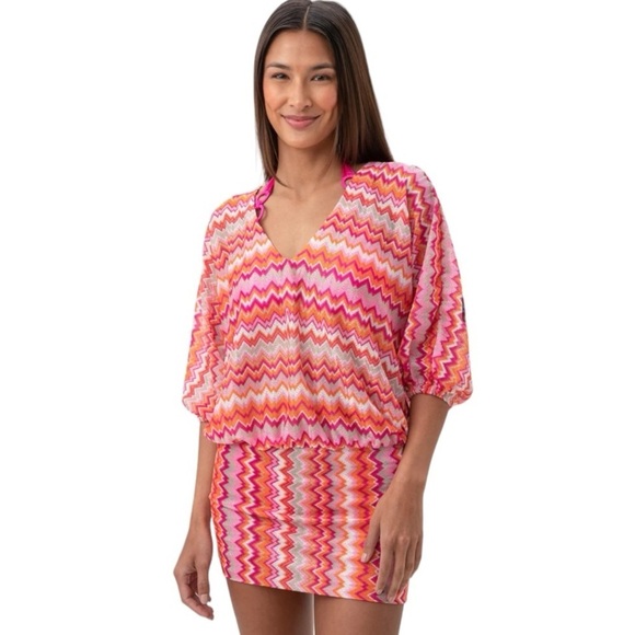 Trina Turk Tunic Zen Zig Zag Crochet V-Neck Short Swim Cover Up Dress  PINK - Picture 1 of 16